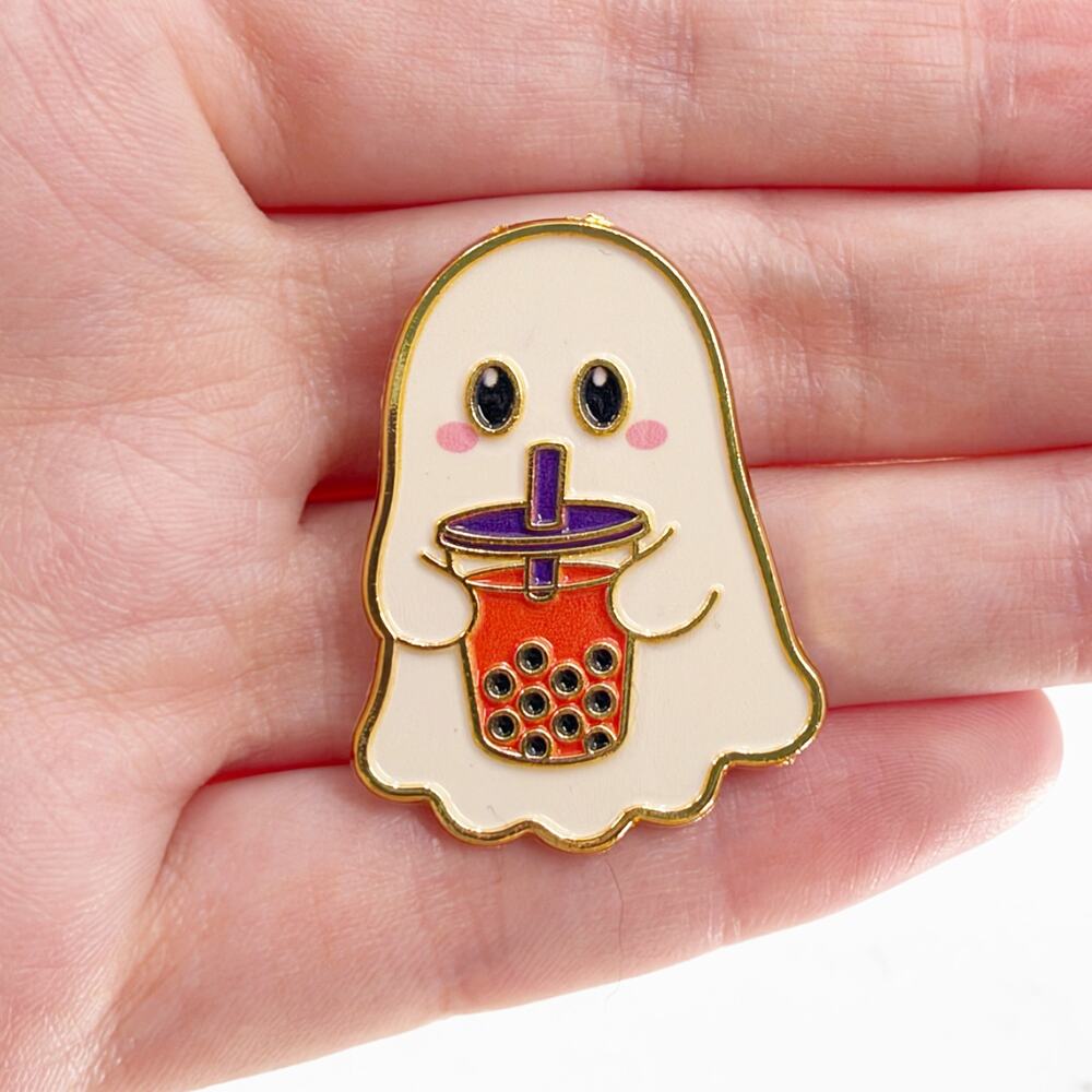 Cute Ghost Boba Enamel Pin Halloween Bubble Tea Kawaii Spooky Brooch